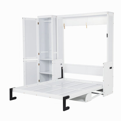 White Queen Size Wood Murphy Bed with Wardrobe, Space-Saving Hidden Wall Bed with Desk and Charging Station, Pine + PB + MDF + Plywood, 68.6'W x 23.7'D x 86.1'H