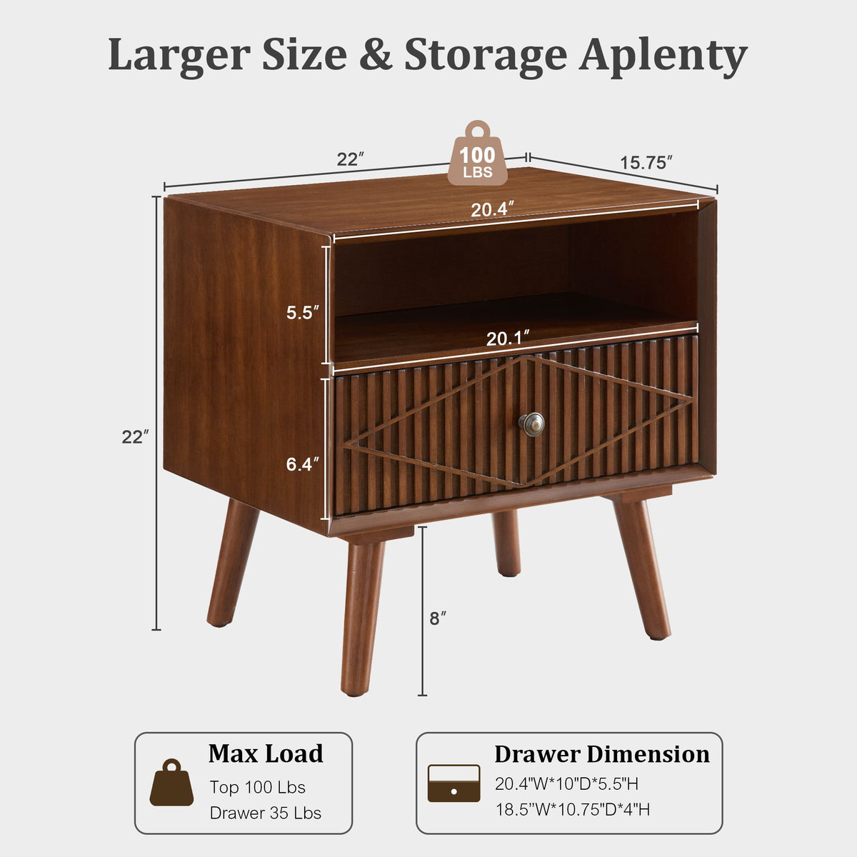 Walnut nightstand with open shelf and carved drawer, shown with dimensions and load limits