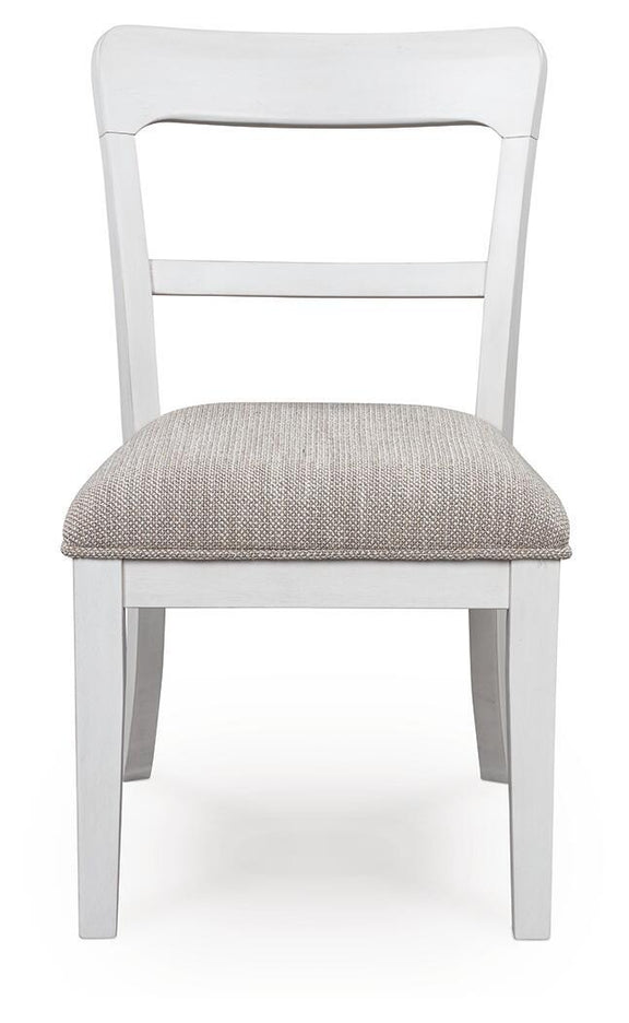White dining side chair with light gray upholstered seat and smooth backrest