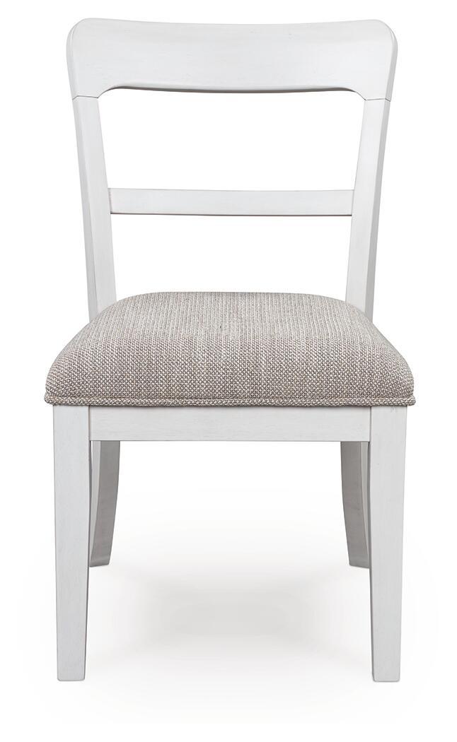 White dining side chair with light gray upholstered seat and smooth backrest