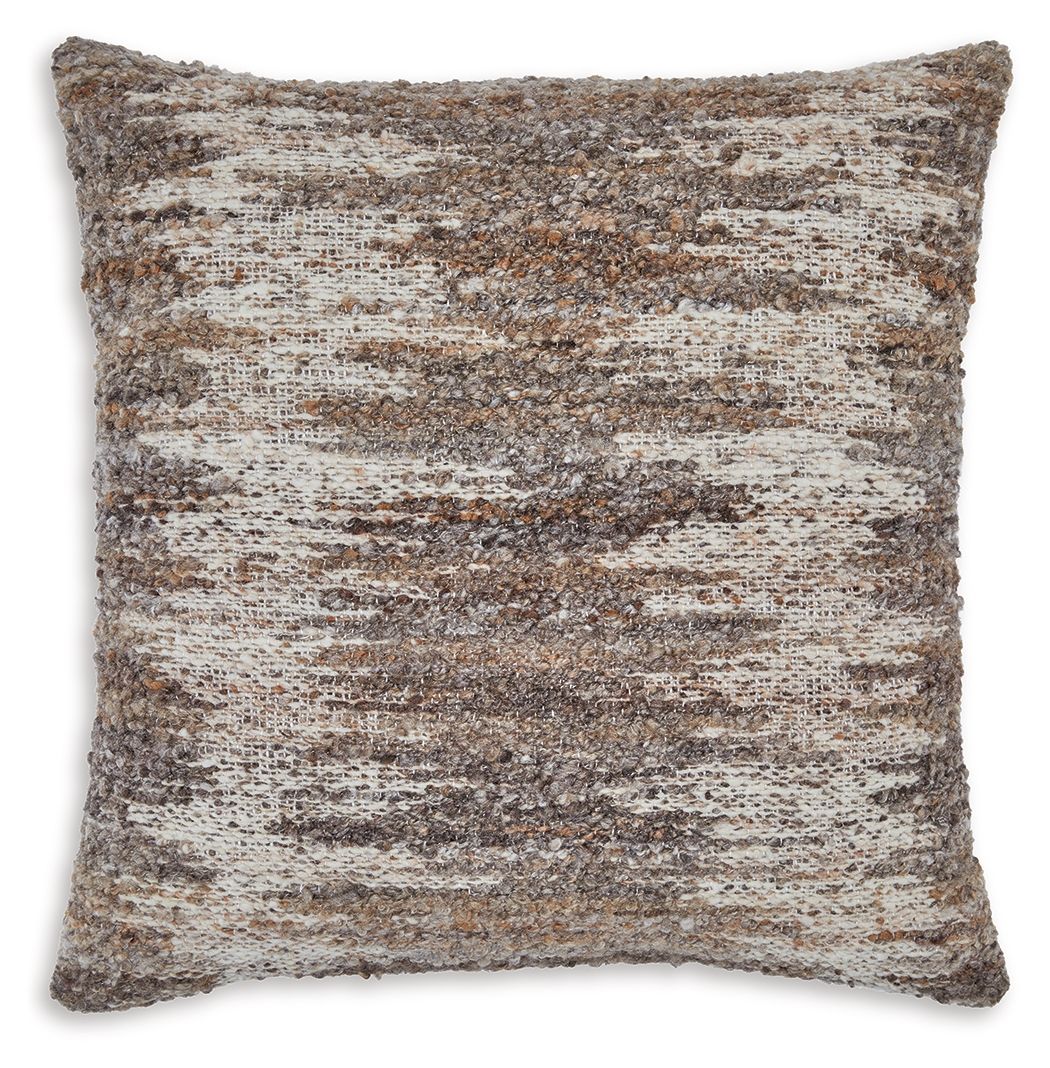 Brown-and-white textured square throw pillow with stitched edges