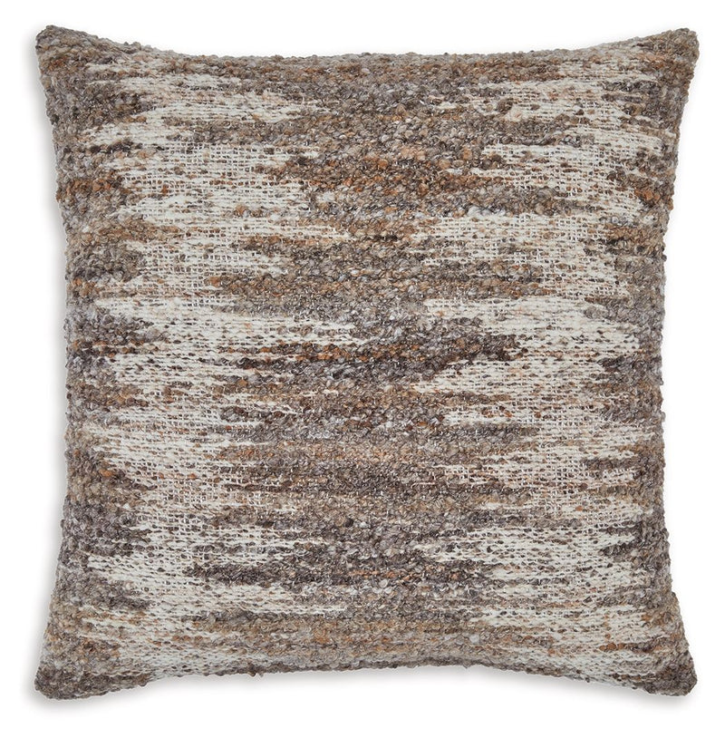 Brown-and-white textured square throw pillow with stitched edges
