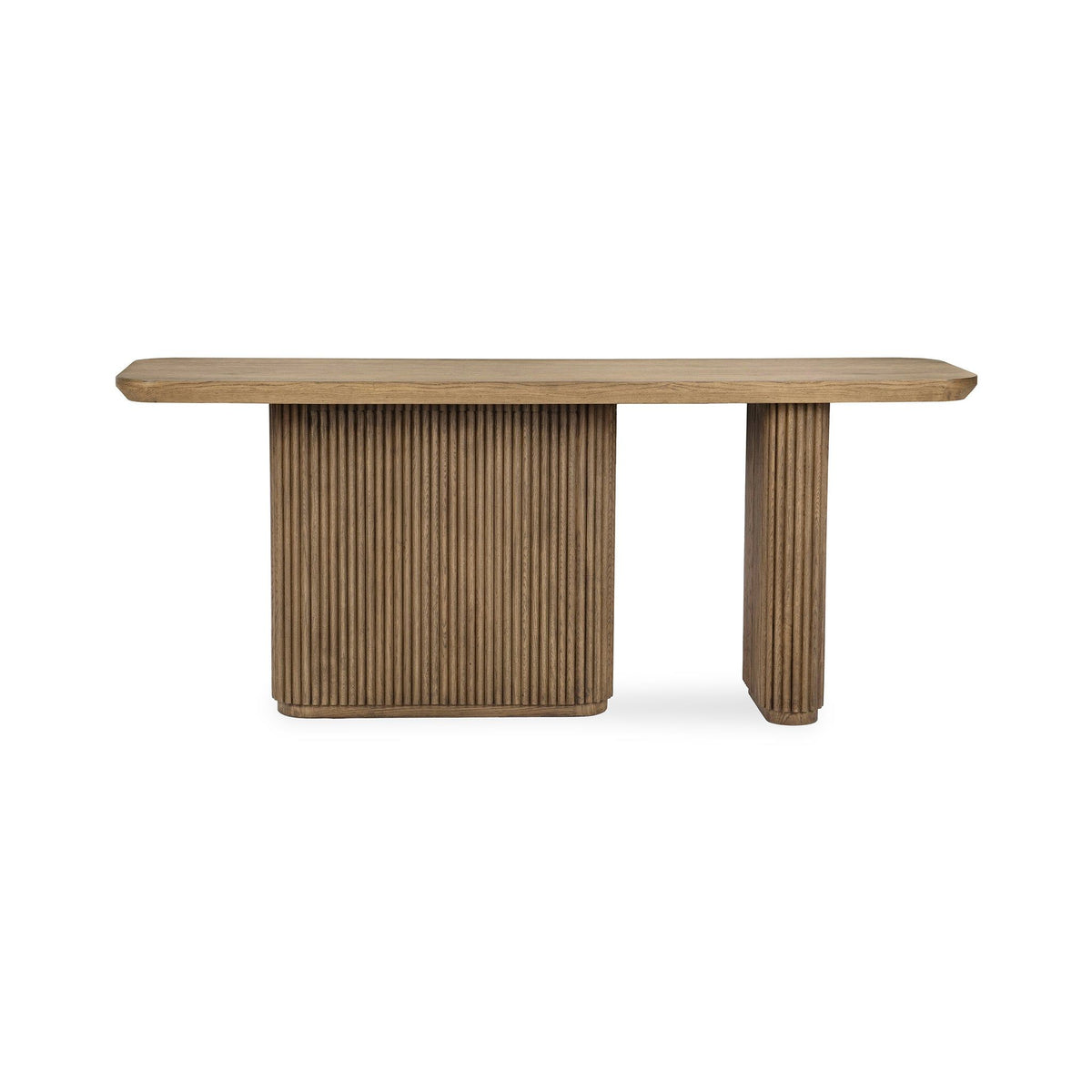 Tawny brown solid wood rectangle console table with ribbed cabinet-style base