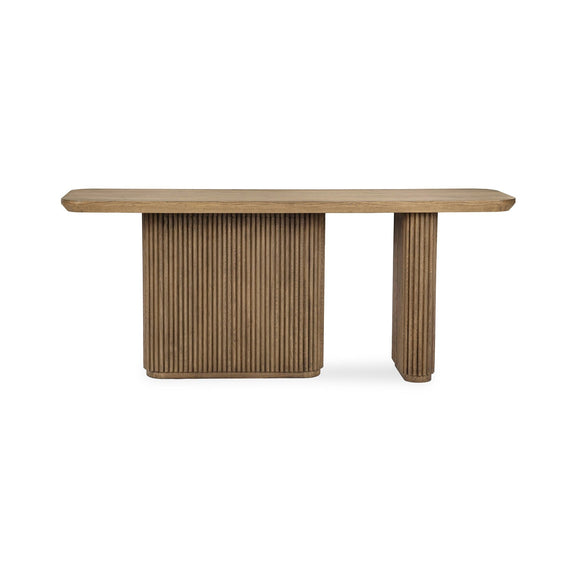 Tawny brown solid wood rectangle console table with ribbed cabinet-style base