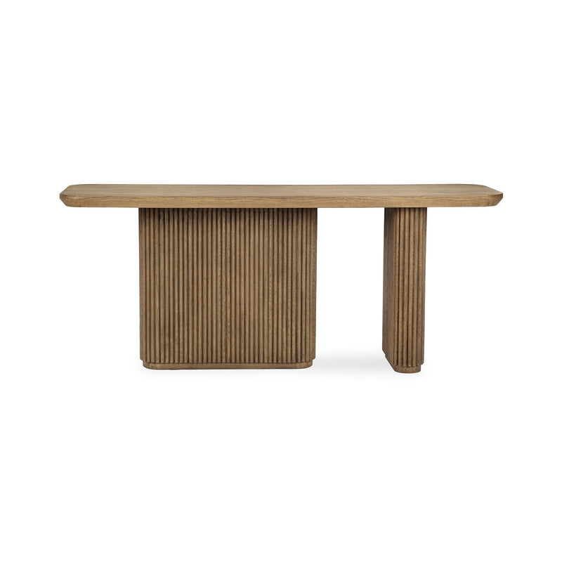 Tawny brown solid wood rectangle console table with ribbed cabinet-style base