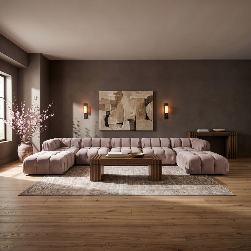 7-piece modular sectional sofa in beige with corner chaise and padded ottoman modules
