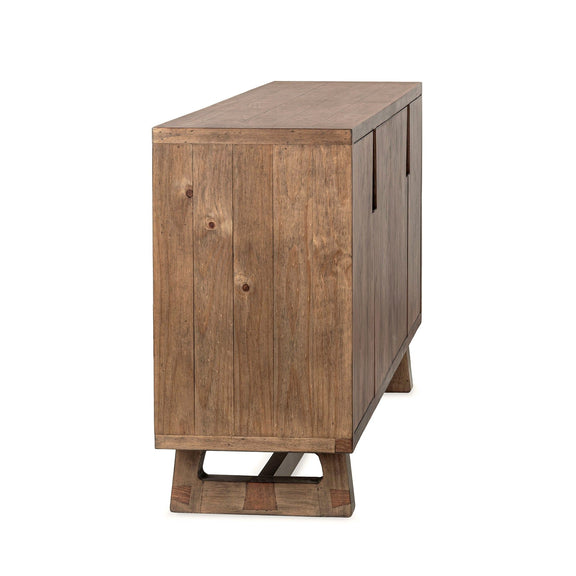 Smoke brown wooden 4-door buffet cabinet with plank panels and black handles