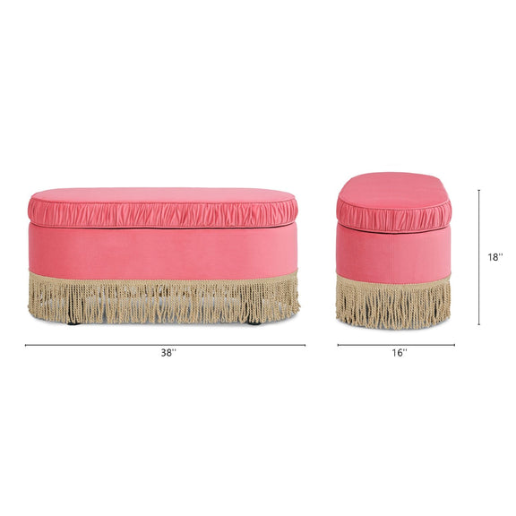 Pink oval storage ottoman bench, gathered top and gold fringe side skirt