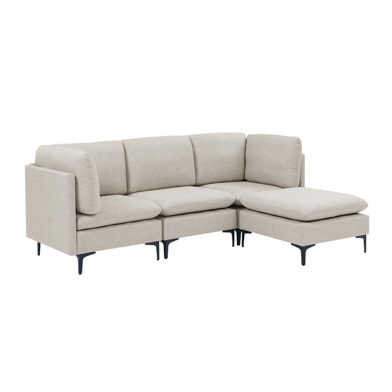 Beige L-shaped upholstered sectional with tall legs and extended chaise cushion