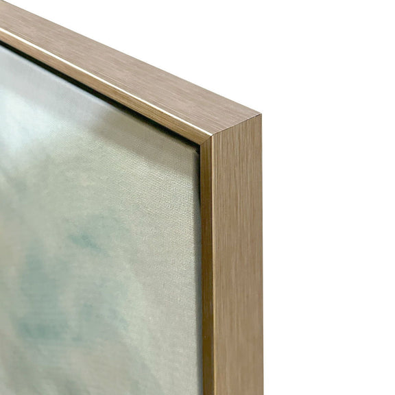 Champagne wood-framed canvas painting corner with textured light background