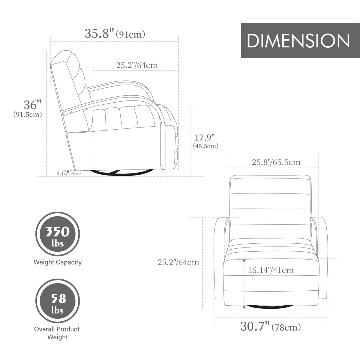 Swivel accent chair dimension diagram: 35.8" height, 30.7" width, 350 lb capacity