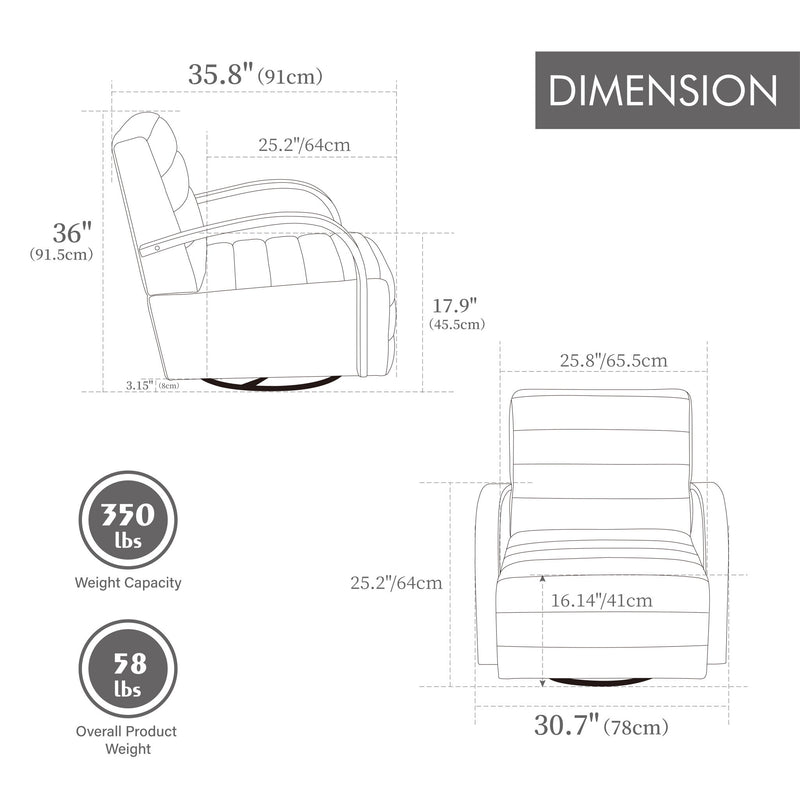 Swivel accent chair dimension diagram: 35.8" height, 30.7" width, 350 lb capacity