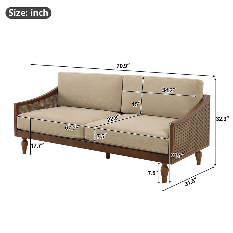 Beige sofa with rattan armrests, labeled size dimensions in inches
