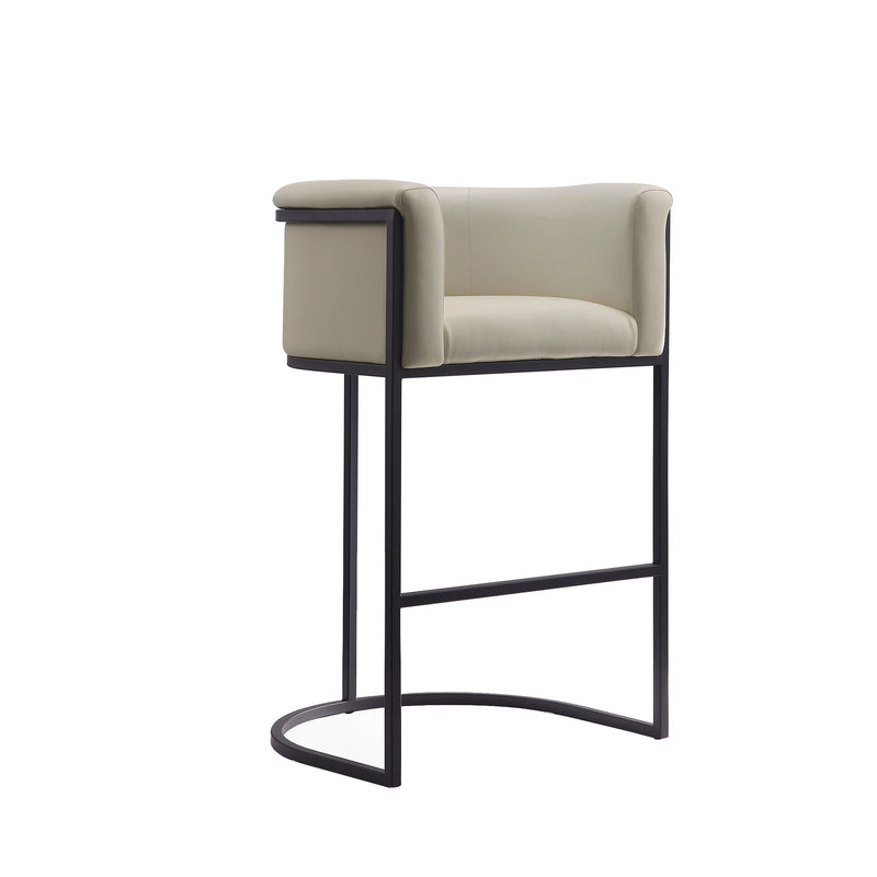 Cream upholstered barstool with black metal frame and curved footrest