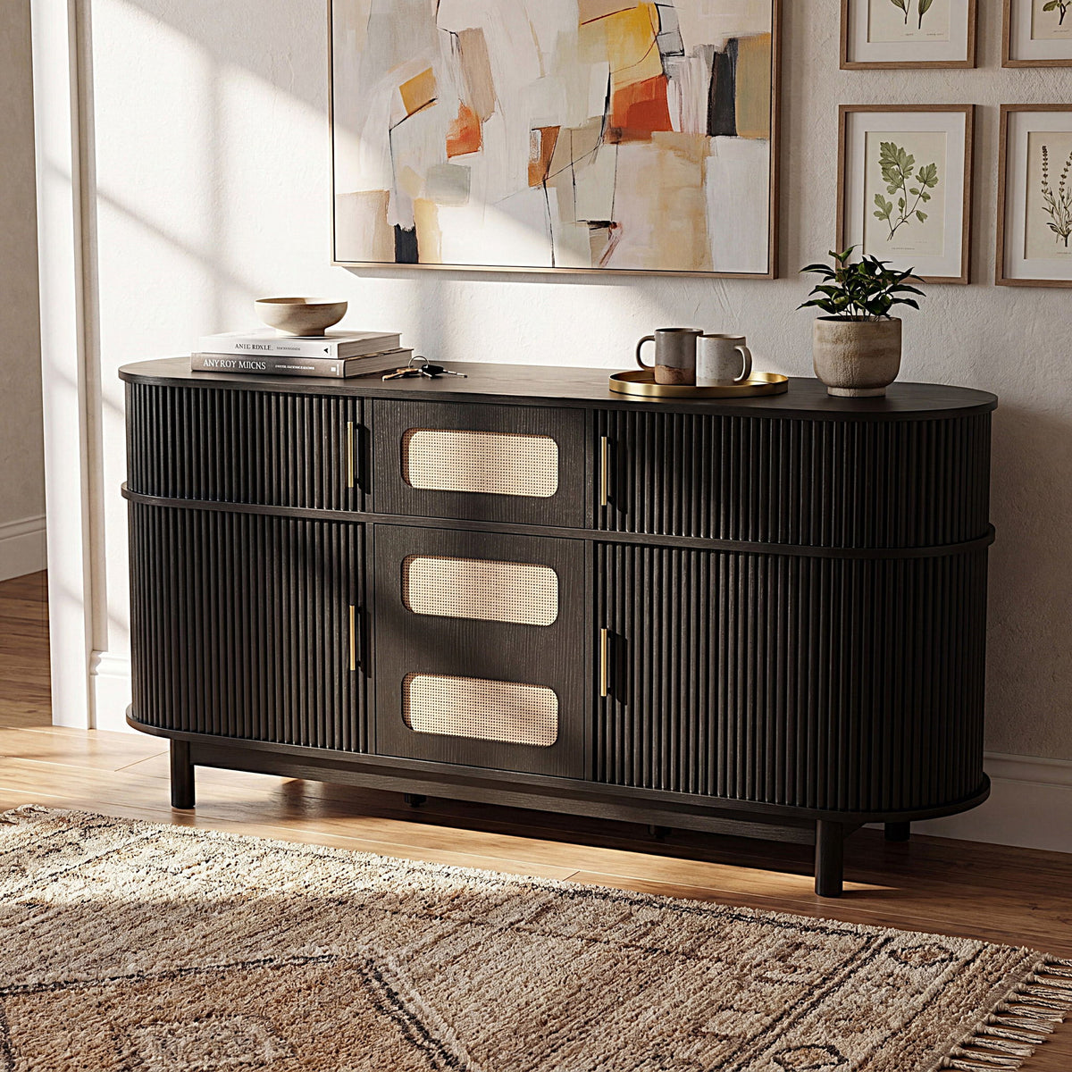 Fluted Sideboard Buffet Cabinet With Sliding Doors And Adjustable Shelves