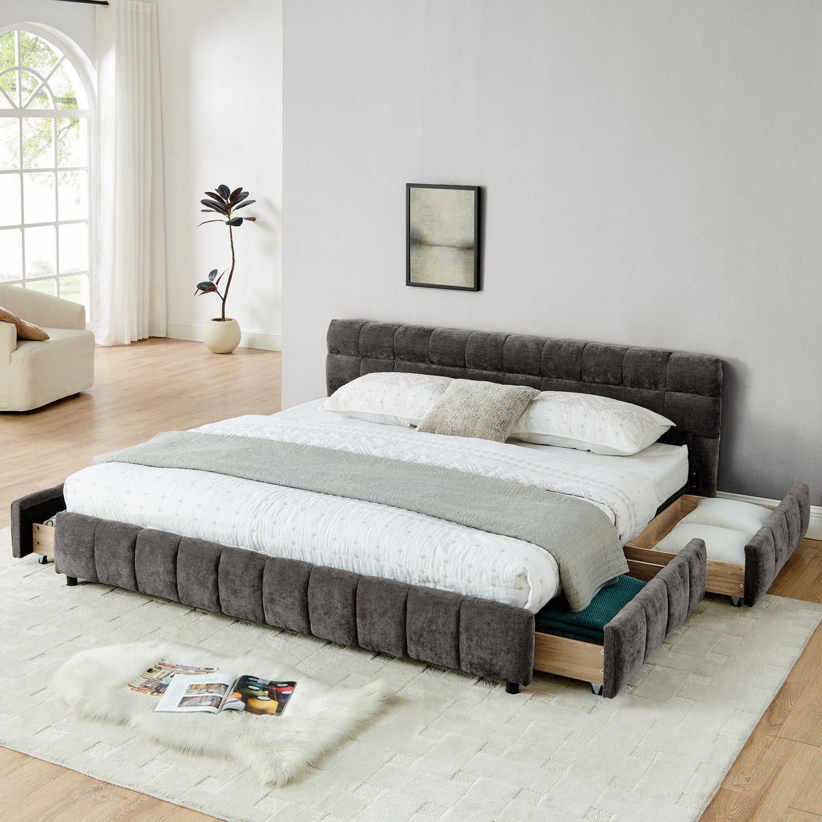 Upholstered platform bed frame with thick dark gray fabric, tall headboard and padded rails
