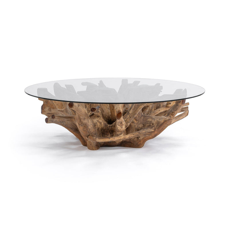 Round glass coffee table top on sculpted natural wood slab base