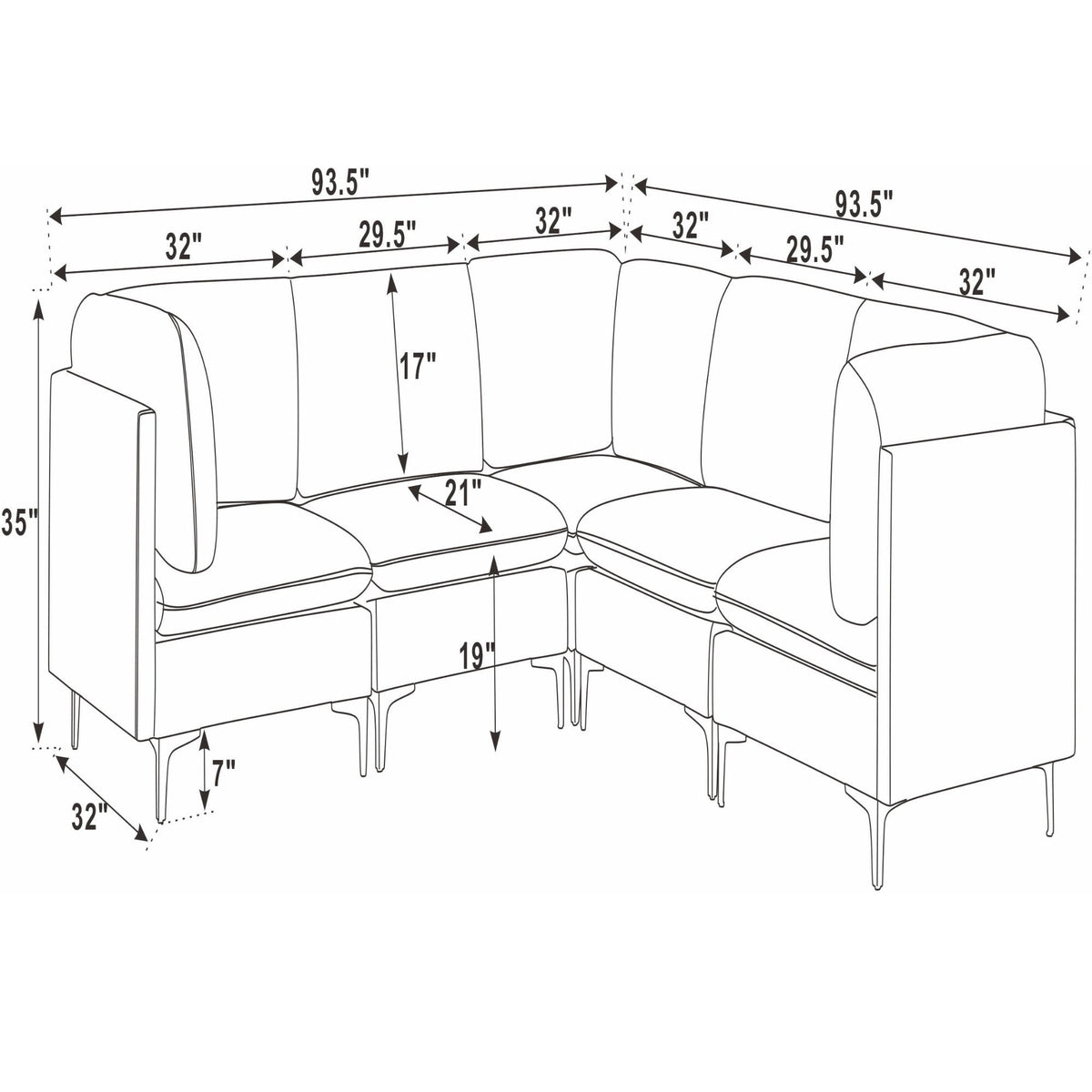 Front view modular sectional sofa size diagram with tall legs and rounded arms