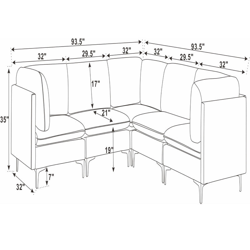 Front view modular sectional sofa size diagram with tall legs and rounded arms