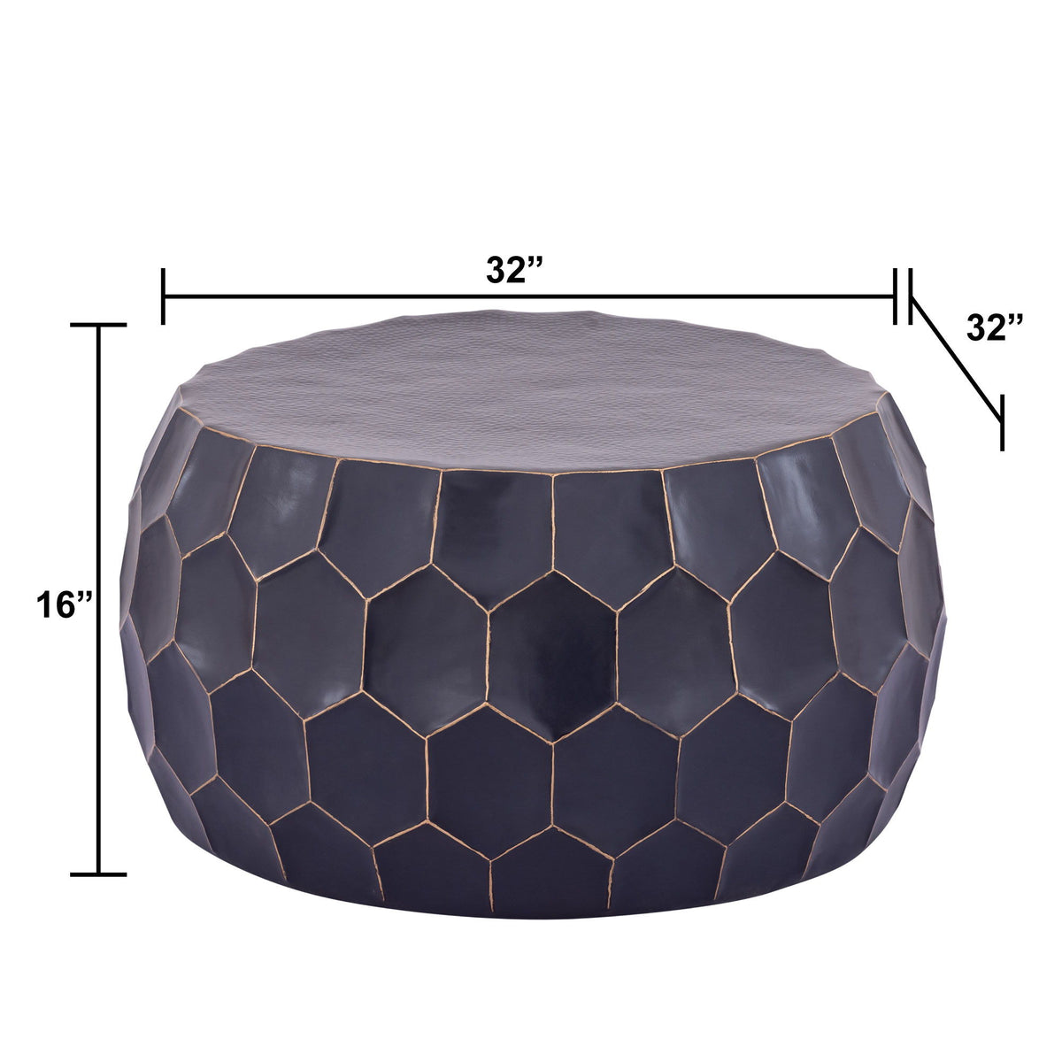 Navy hex-pattern round table with gold trim and gray top