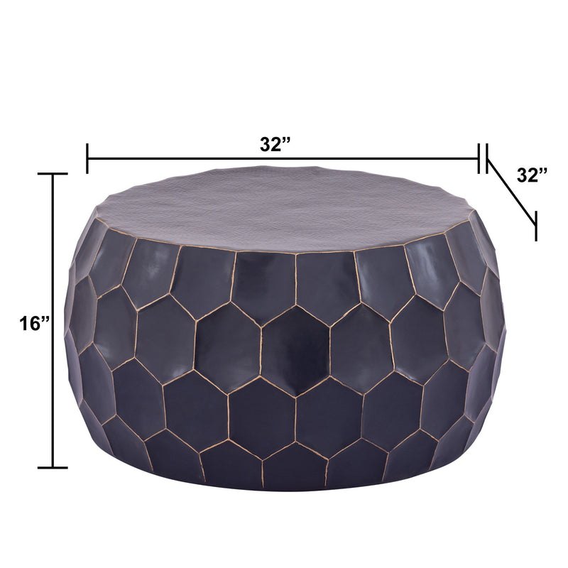 Navy hex-pattern round table with gold trim and gray top