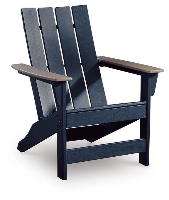 Dark navy Adirondack chair with beige armrests and slatted back