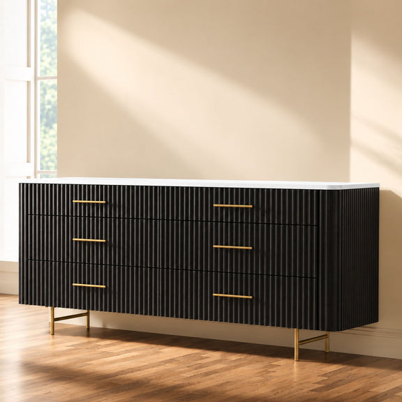 Espresso dresser with white marble top and gold bar handles, six drawers, angled legs.