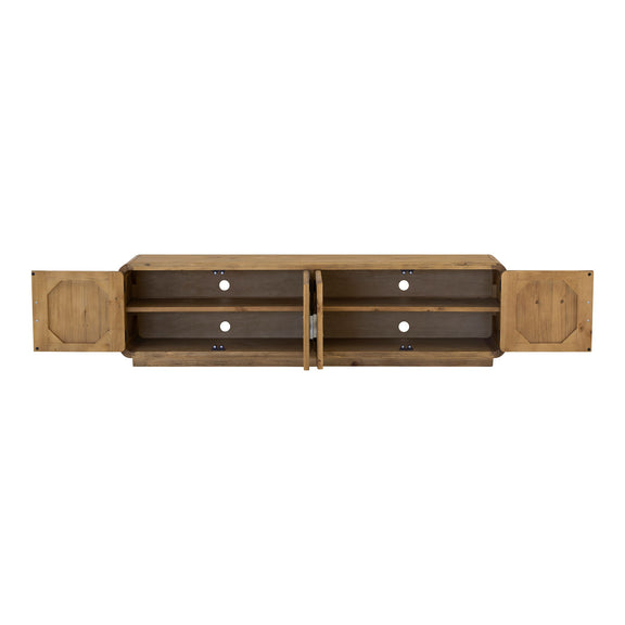 Rustic media cabinet with open interior showing drawers and shelves, blonde wood