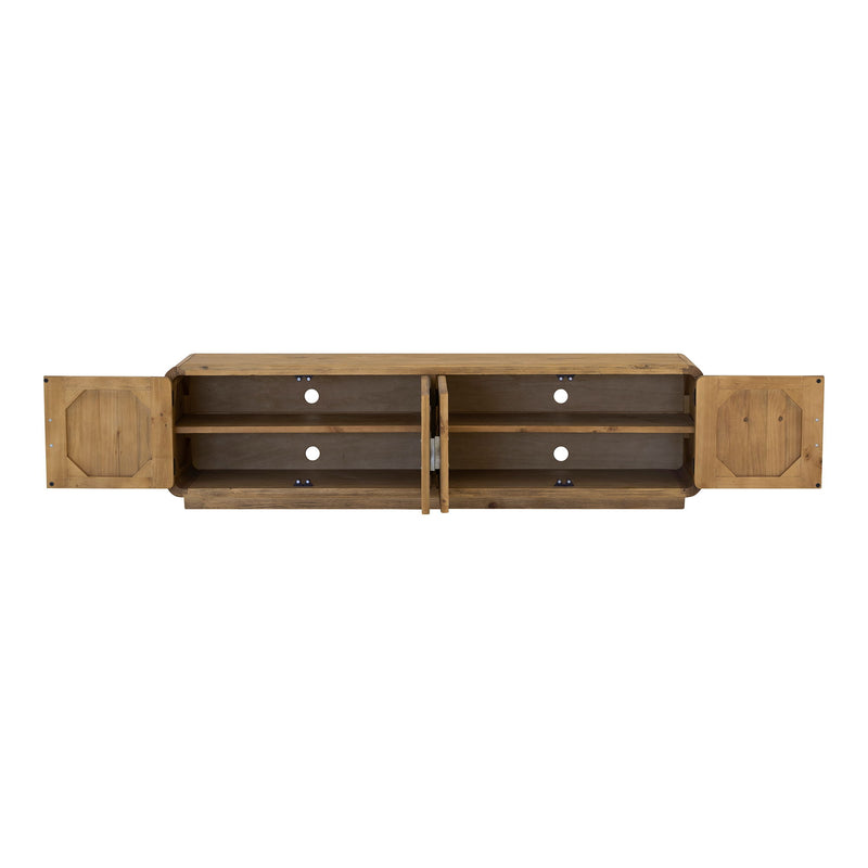 Rustic media cabinet with open interior showing drawers and shelves, blonde wood