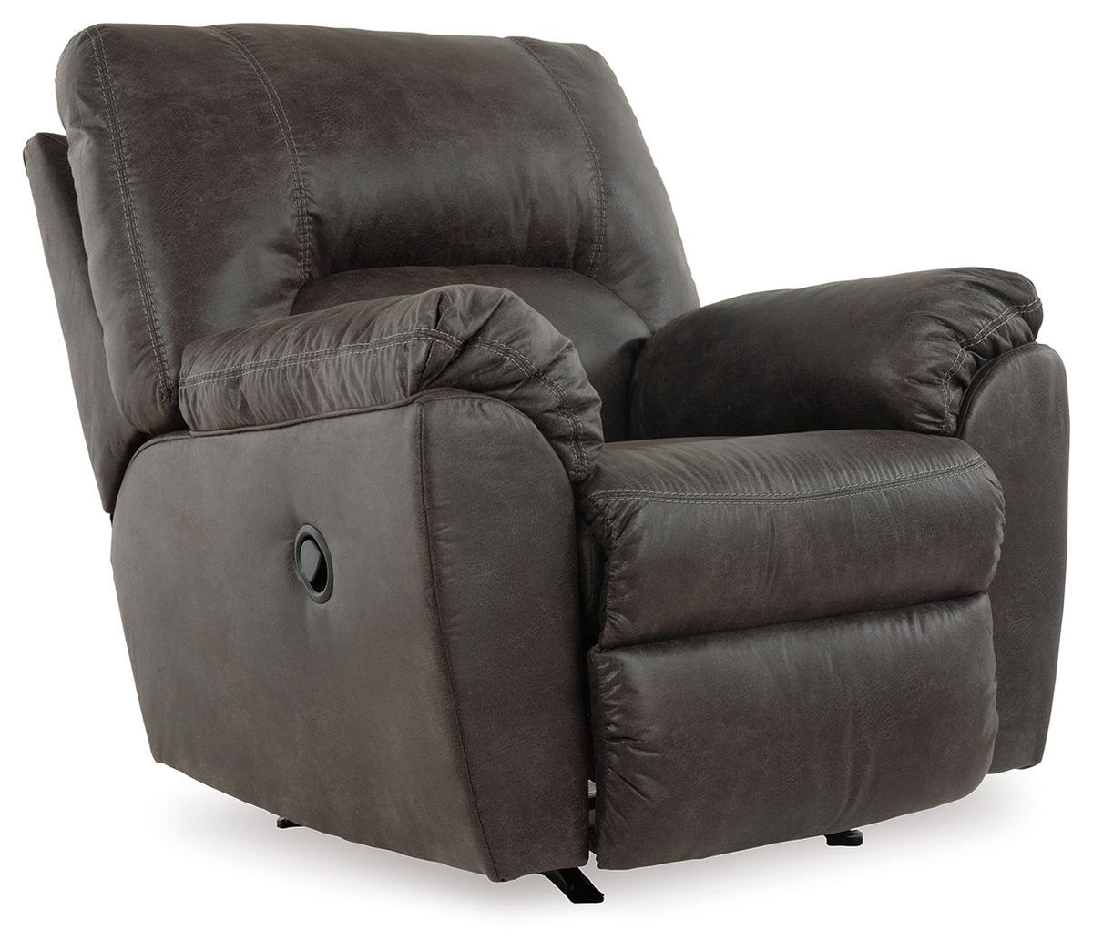 Pewter rocker recliner chair, padded arms, recline control on front