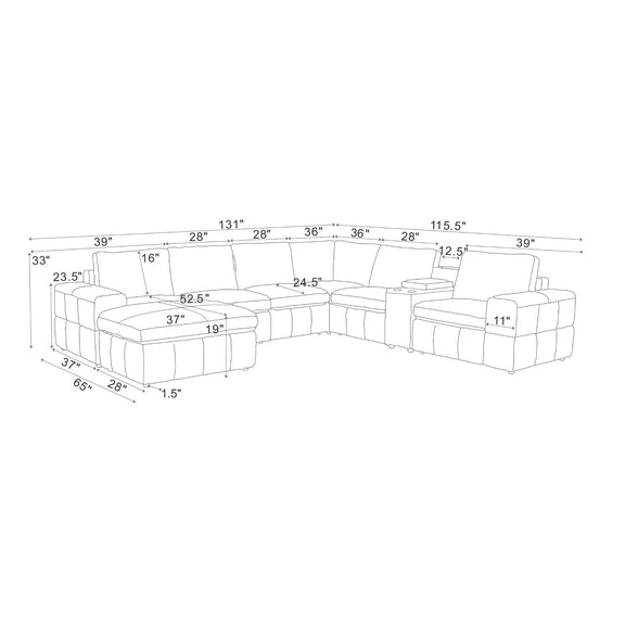 Sectional sofa configuration drawing with large square arms, chaise pieces, and measurements