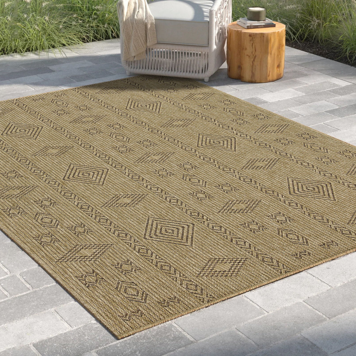 Mocha jute indoor/outdoor area rug with all-over geometric square and diamond design