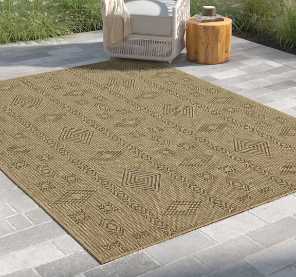 Mocha jute indoor/outdoor area rug with all-over geometric square and diamond design
