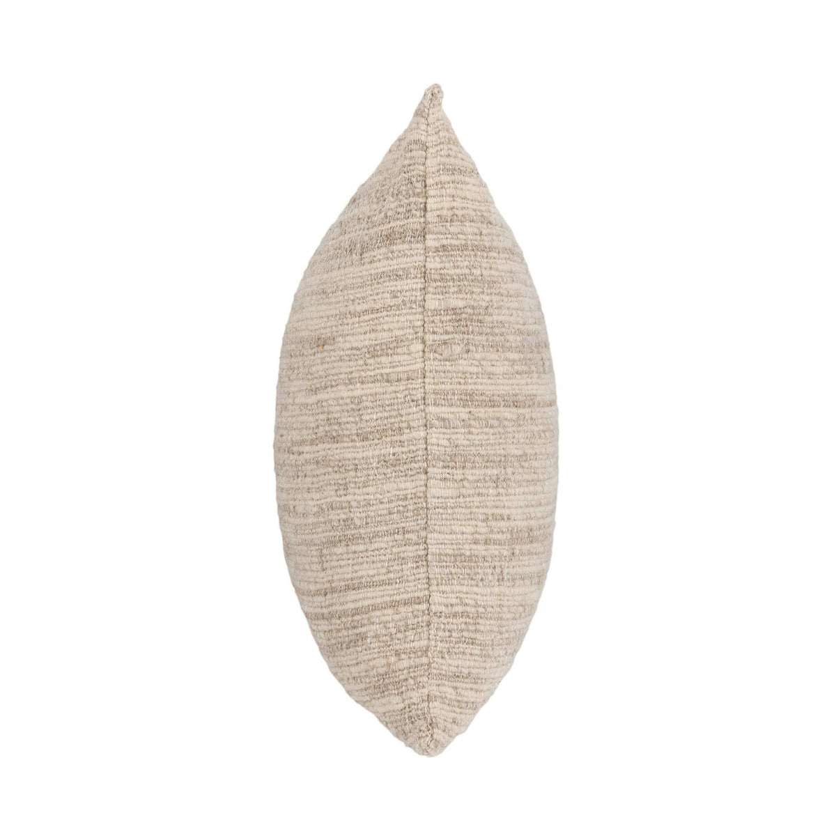 Natural woven pillow cover, side view showing stitched seam and end edge
