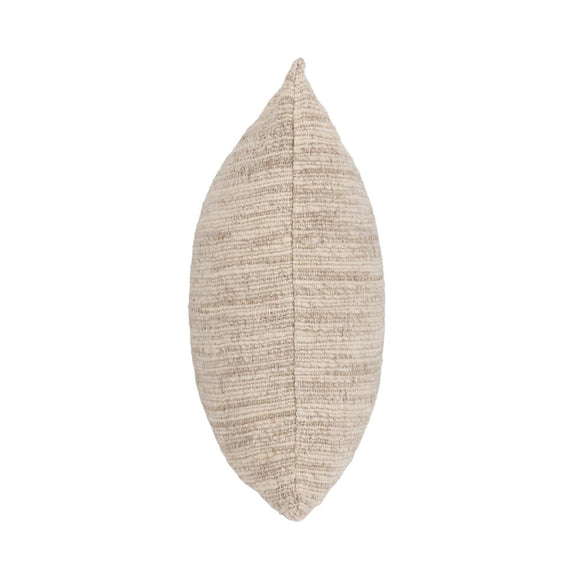 Natural woven pillow cover, side view showing stitched seam and end edge