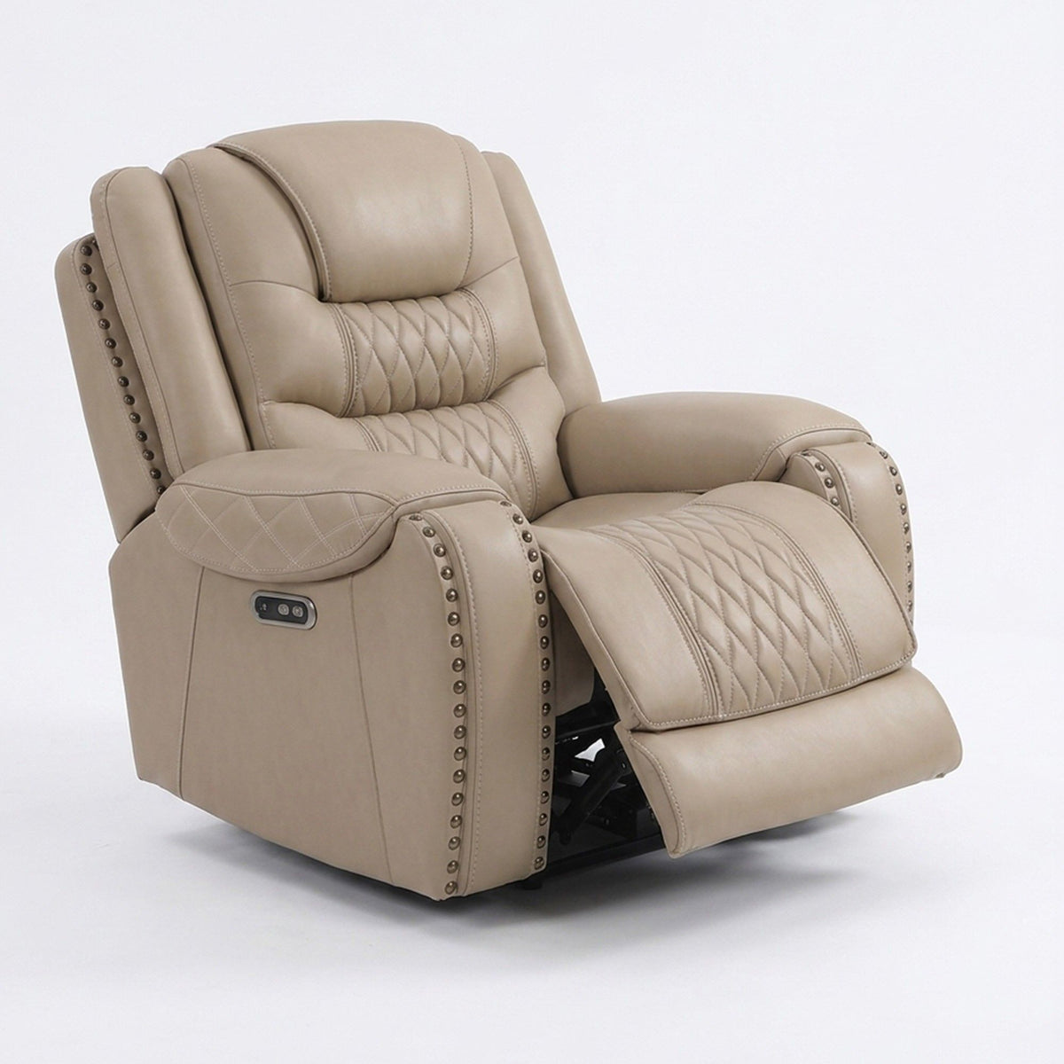 Toffee power recliner single chair with quilted arms, nailhead trim, and USB panel