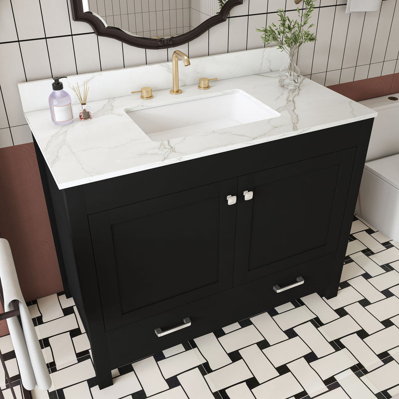 Black bathroom vanity with white marble-look countertop, integrated sink, two doors and drawers