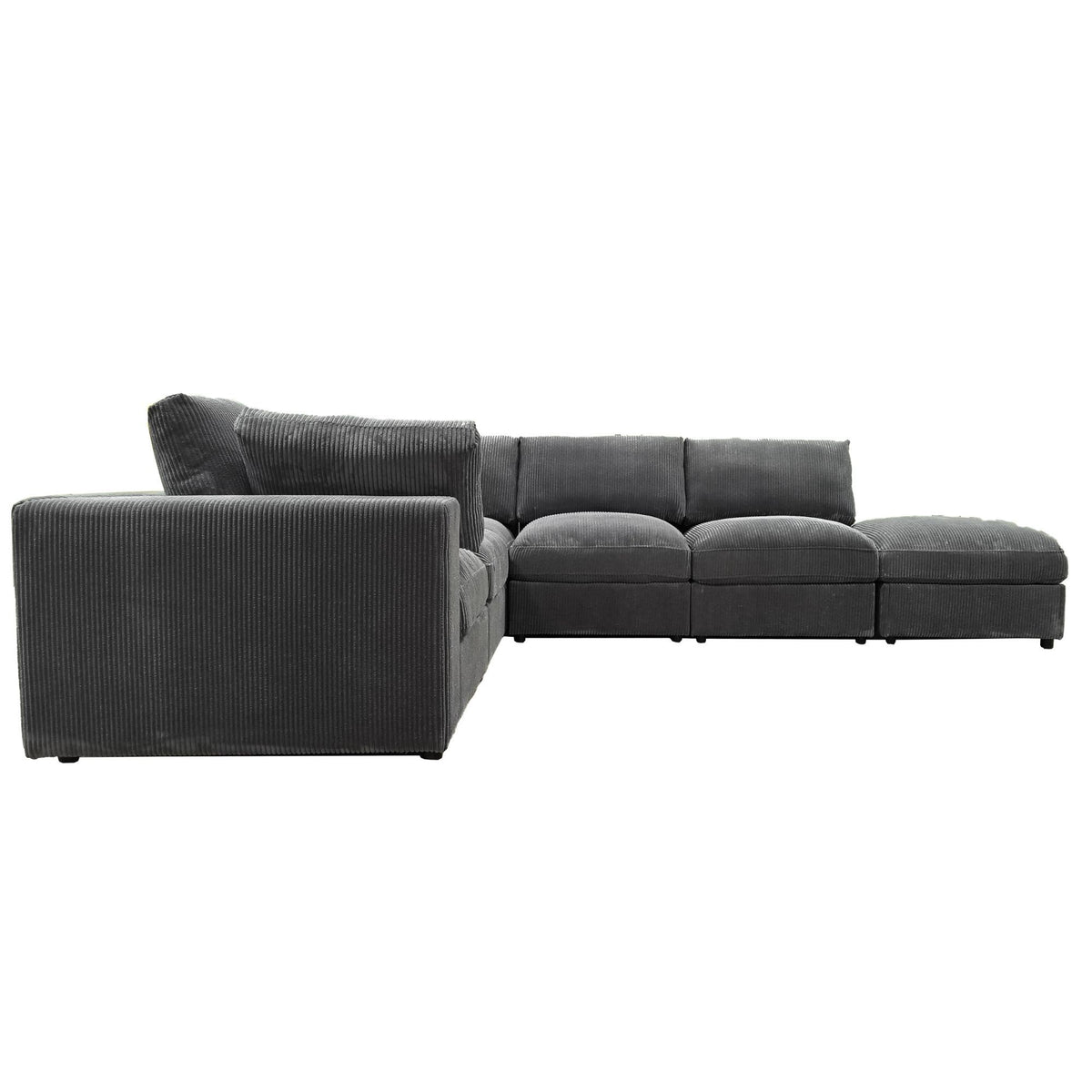 Reversible modular sectional sofa in dark gray, left chaise with cushioned ottoman blocks