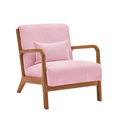 Light pink upholstered armchair with back support pillow, ribbed fabric, wood arms