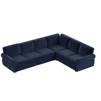 Blue L-shaped sofa couch with rolled arms and nailhead trim, sectional corner chaise