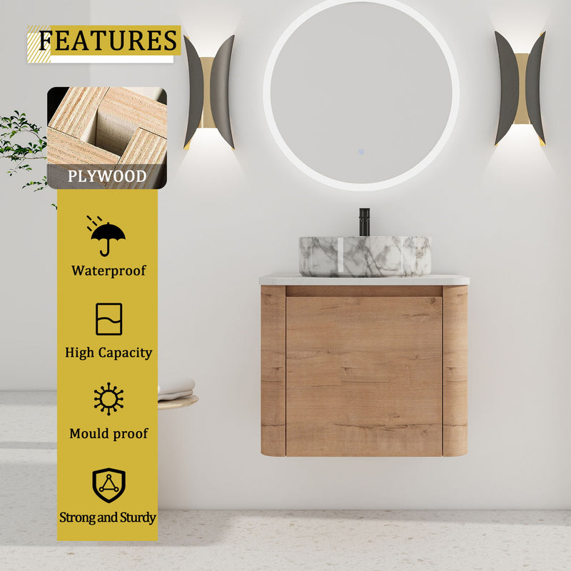 Wall-mounted bathroom vanity with light-wood cabinet and white marble art sink, two doors