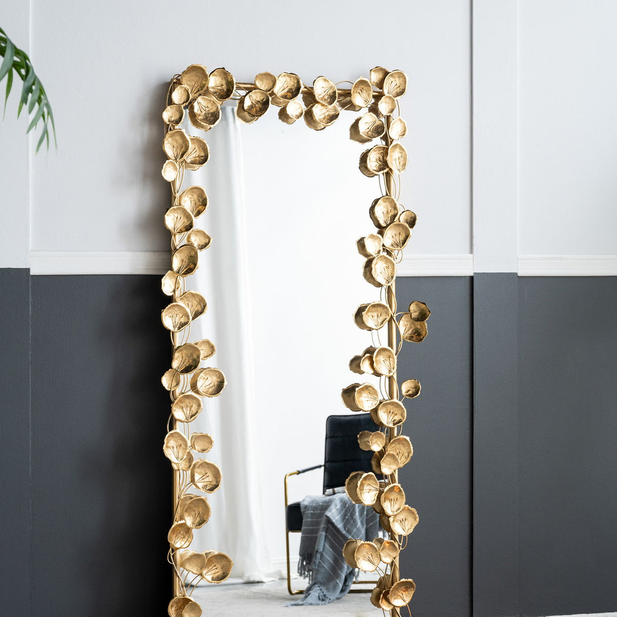 Full Length Mirror With en Leaf Accents, Floor Miiror For Living Room Bedroom - Gold