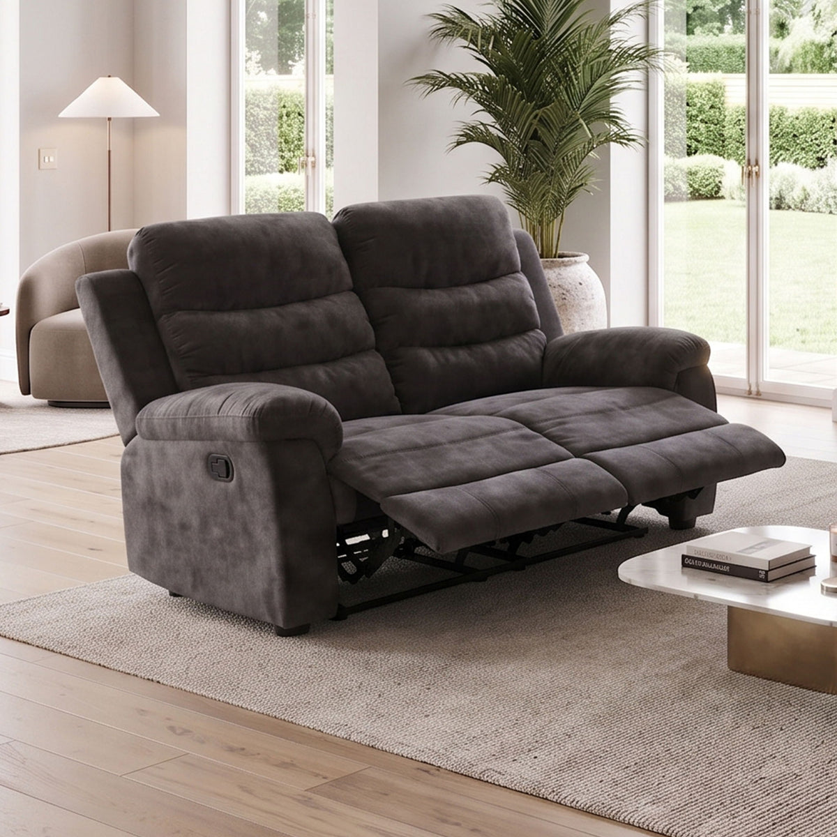 Dark gray 2-seat manual recliner loveseat fully reclined with footrests extended