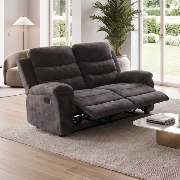 Dark gray 2-seat manual recliner loveseat fully reclined with footrests extended