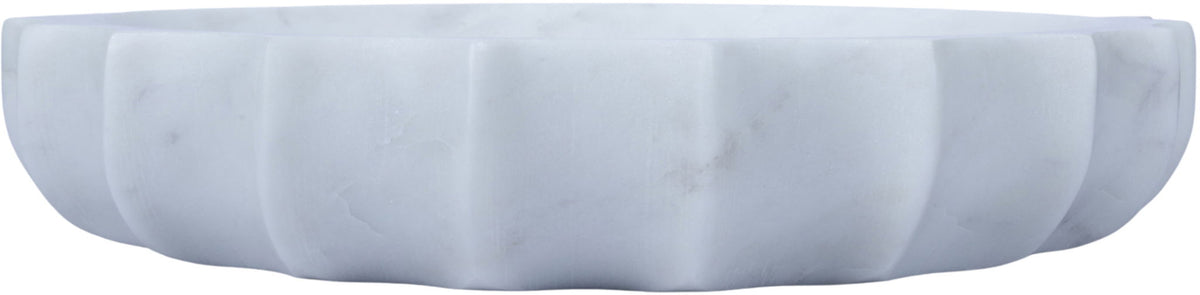 White marble serving bowl with scalloped rim and natural veining