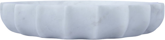White marble serving bowl with scalloped rim and natural veining