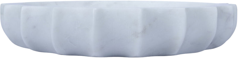 White marble serving bowl with scalloped rim and natural veining