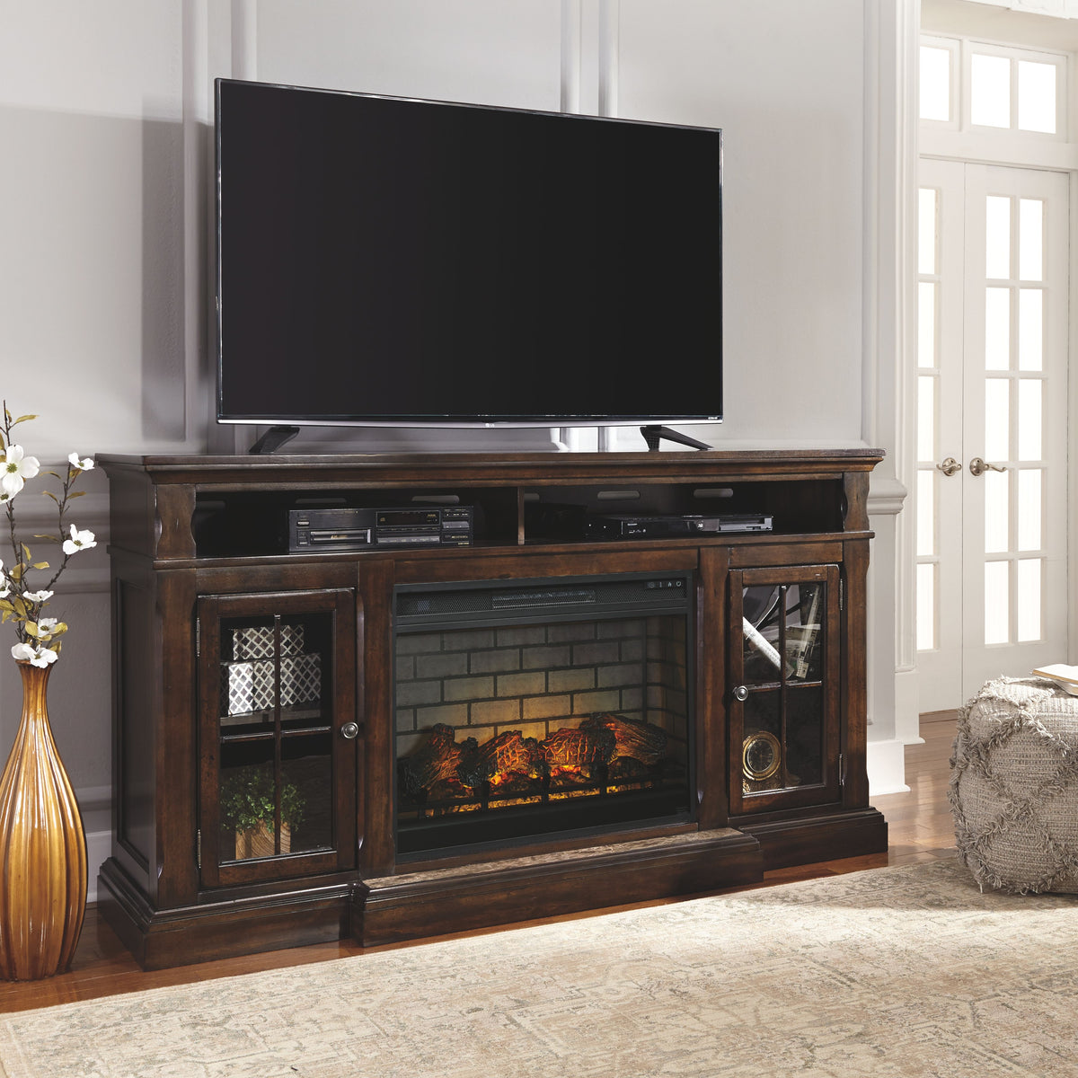 Roddinton - 2 Pc. - 74" TV Stand with Electric Infrared Fireplace Insert - Dark Brown