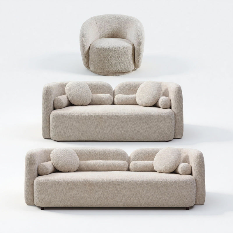 Beige upholstered loveseat and sofa with one armchair; round accent cushions