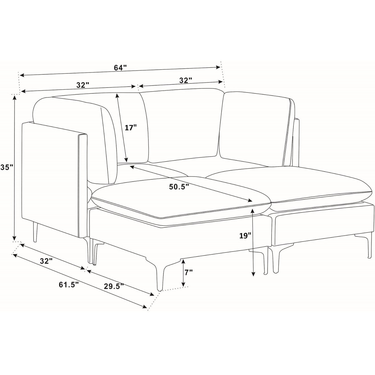 Beige sectional sofa with chaise ottoman and tall legs; dimension diagram